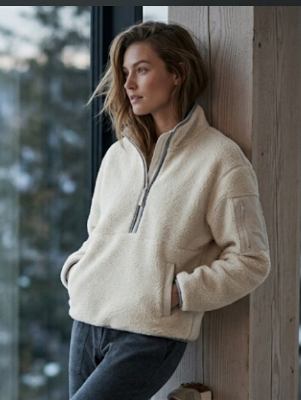NEW BALANCE Wms Sherpa Pullover Teddy Fleece IVORY Jacket Deep Thick Pile Sz M